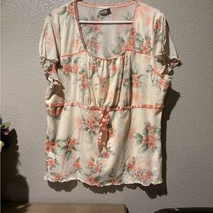 Fashion Bug Peach Floral Blouse Sheer Cottagecore Like New Retro Pastel Babydoll